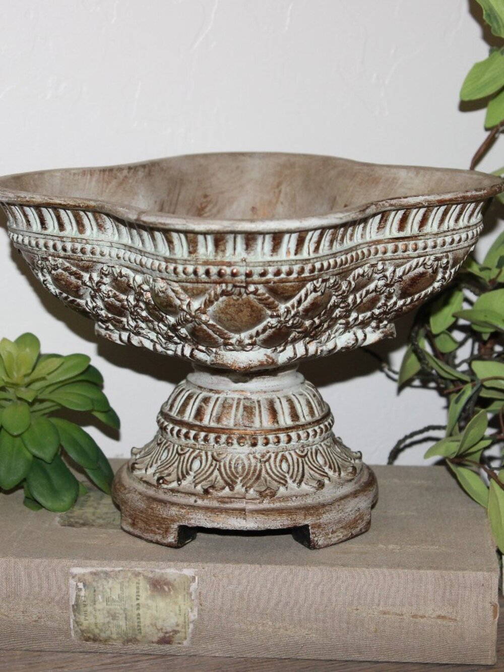 Ornate Cream & Gold French Country Fleur De Lis Pedestal Dish Bowl